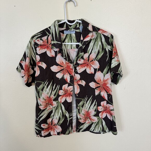 Valerie Stevens Casual XL 100% Silk Black Hawaiian Floral Button-Up Short Sleeve - Picture 2 of 7